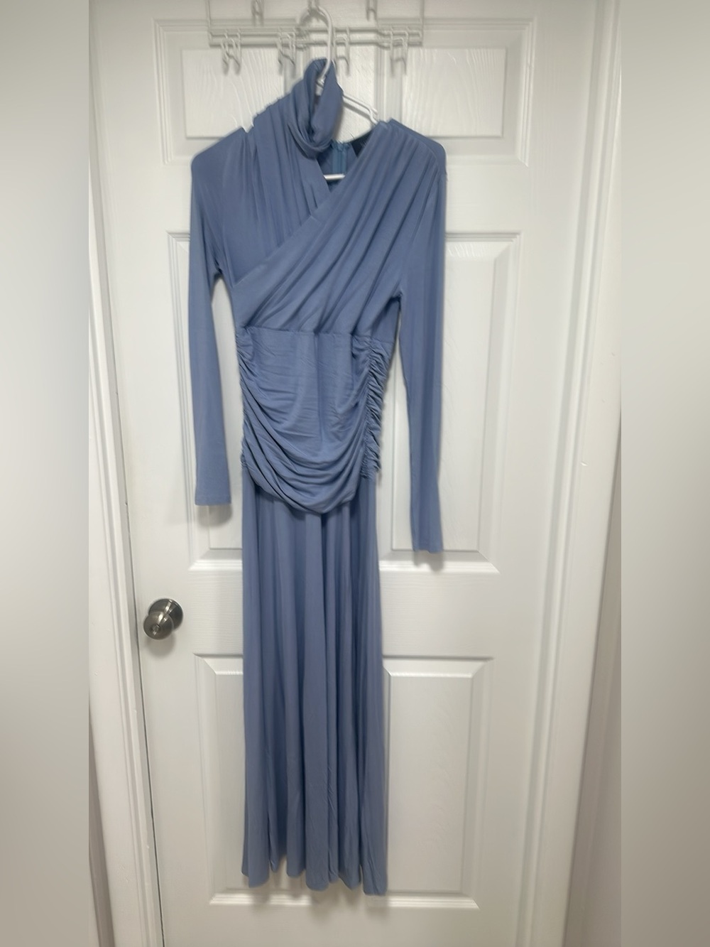Aleeza Paris Ruched Long-Sleeve Maxi Dress in Dusty Blue